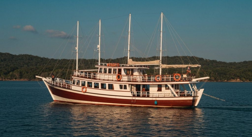 komodo phinisi charter faq frequently asked questions — Photorealistic editorial travel photograph relevant to: The exac