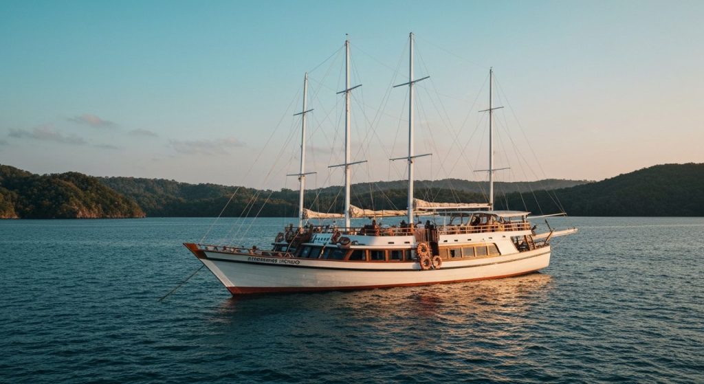 honeymoon phinisi charter komodo — Photorealistic editorial travel photograph relevant to: The exact-match planning and