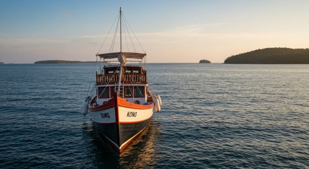 how to rent phinisi boat komodo — Photorealistic editorial travel photograph relevant to: The exact-match planning and d