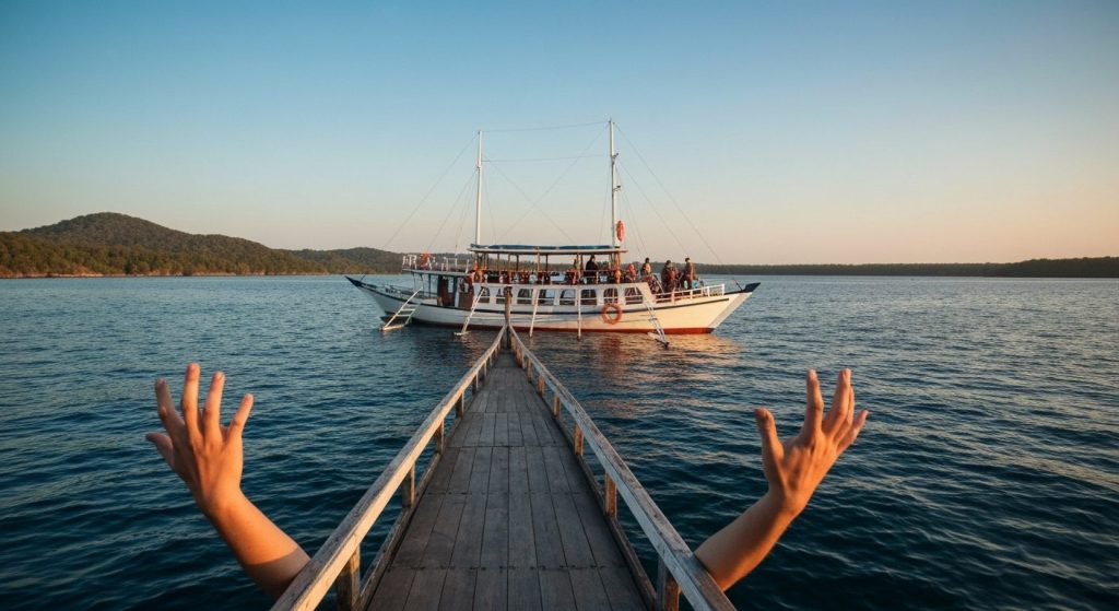 phinisi itinerary padar rinca manta — Photorealistic editorial travel photograph relevant to: The exact-match planning a