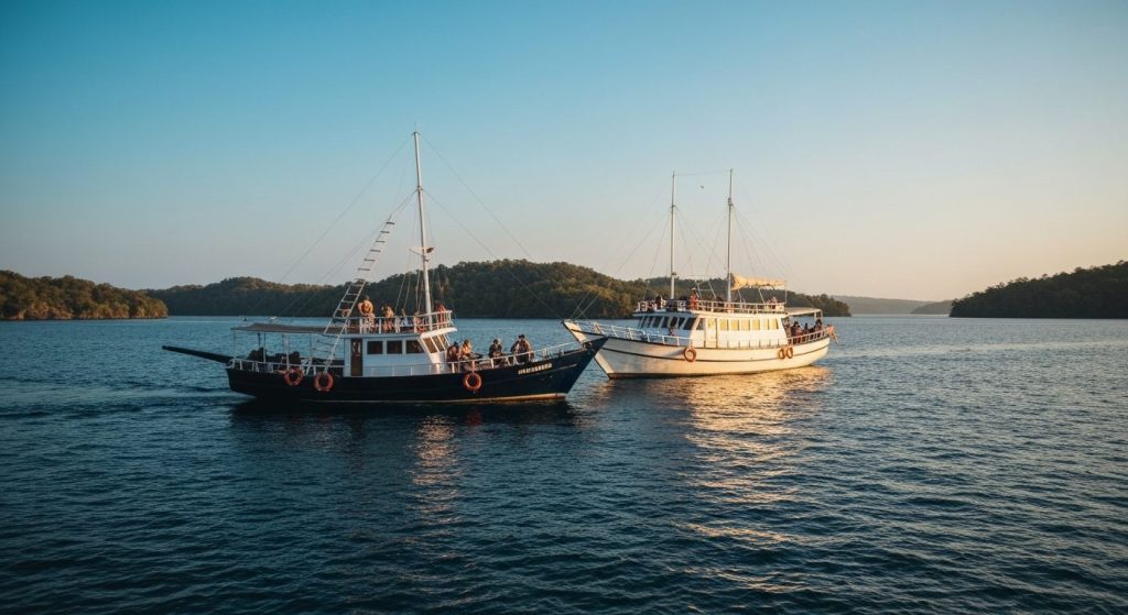 luxury vs budget phinisi komodo comparison — Photorealistic editorial travel photograph relevant to: The exact-match pla