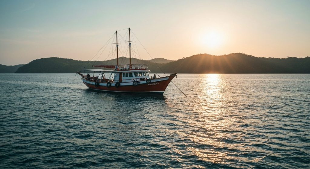 open trip vs private charter phinisi komodo — Photorealistic editorial travel photograph relevant to: The exact-match pl
